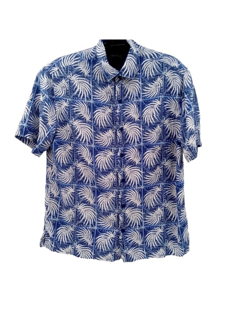 Nat Nast Mens Blue White Hawaiian Shirt Size M Block Print Ferns Silk Rayon Camp
